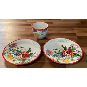 The Pioneer Woman Country Garden Scalloped Stoneware 2 Salad Plates 8.5" & Cup